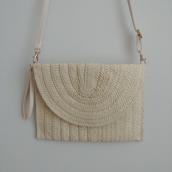 100% paper straw woven crossbody purse bag clutch neutral cream gold - Picture 1 of 15